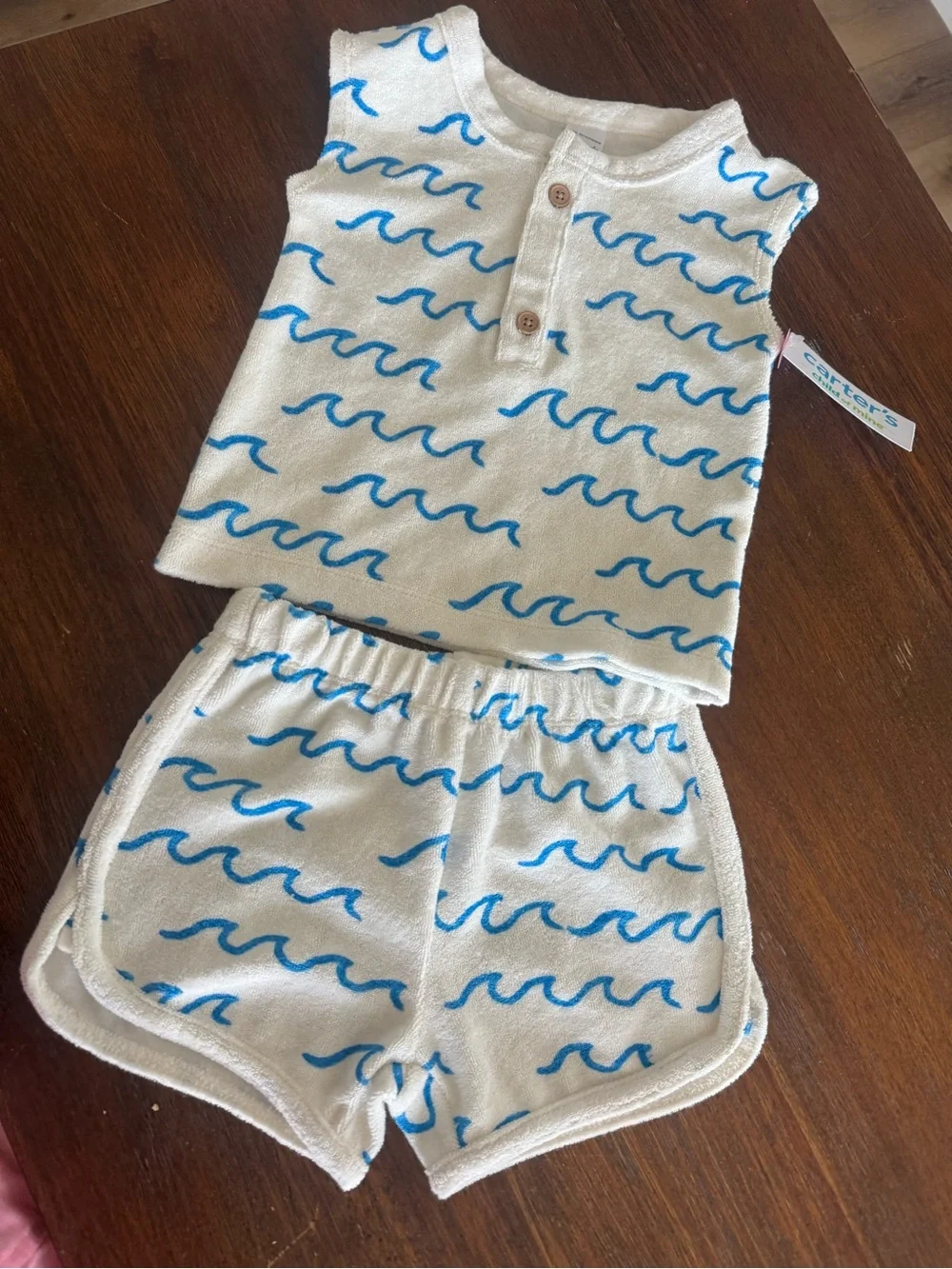 CARTERS Kids Cream and Blue Wave Terry Short Set🌊unisex cute for boys and girls